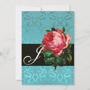INVITACIÓN ROSA ROSADA HERMOSA  MONOGRAMA DE DAMASCO AZUL NEG