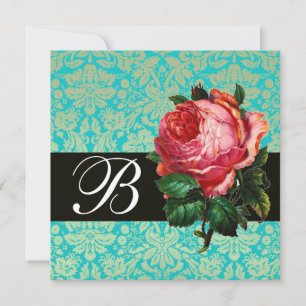 INVITACIÓN ROSA ROSADA HERMOSA  MONOGRAMA DE DAMASCO AZUL NEG