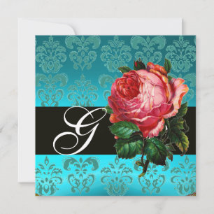 INVITACIÓN ROSA ROSADA HERMOSA  MONOGRAMA DE DAMASCO AZUL NEG