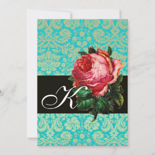 INVITACIÓN ROSA ROSADA HERMOSA  MONOGRAMA DE DAMASCO AZUL NEG