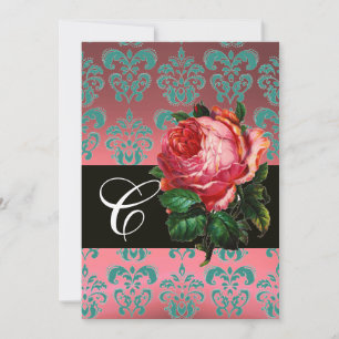 INVITACIÓN ROSA ROSADA HERMOSA MONOGRAMA DE DAMASCO AZUL NEG