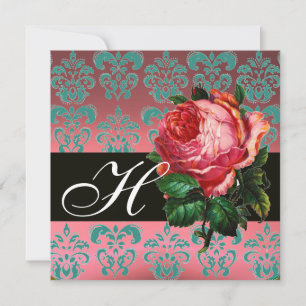INVITACIÓN ROSA ROSADA HERMOSA  MONOGRAMA DE DAMASCO AZUL NEG