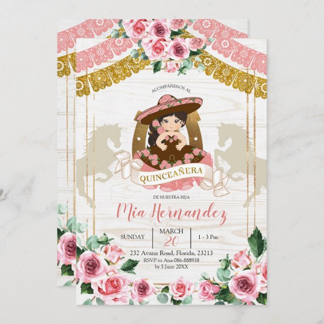 Invitación Rosa rosada mexicana Quinceanera Occidental (Anverso / Reverso)
