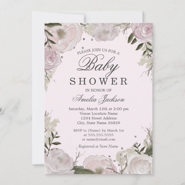 Invitación Rosa rosado Baby Shower floral (Anverso)
