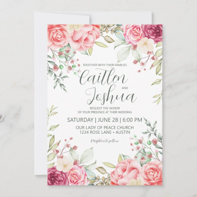 Invitación Rosa rosado  Boda de verde (Anverso)