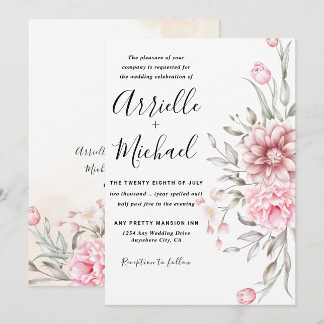Invitación Rosa rosado  Boda de verde (Anverso / Reverso)