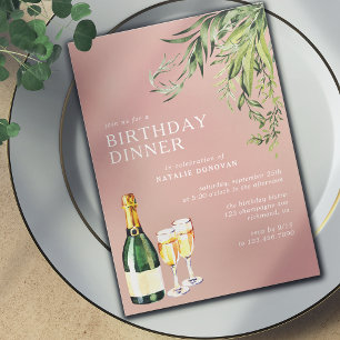 Invitación Rosa Rosado de Rubor   Cena de cumpleaños de Champ