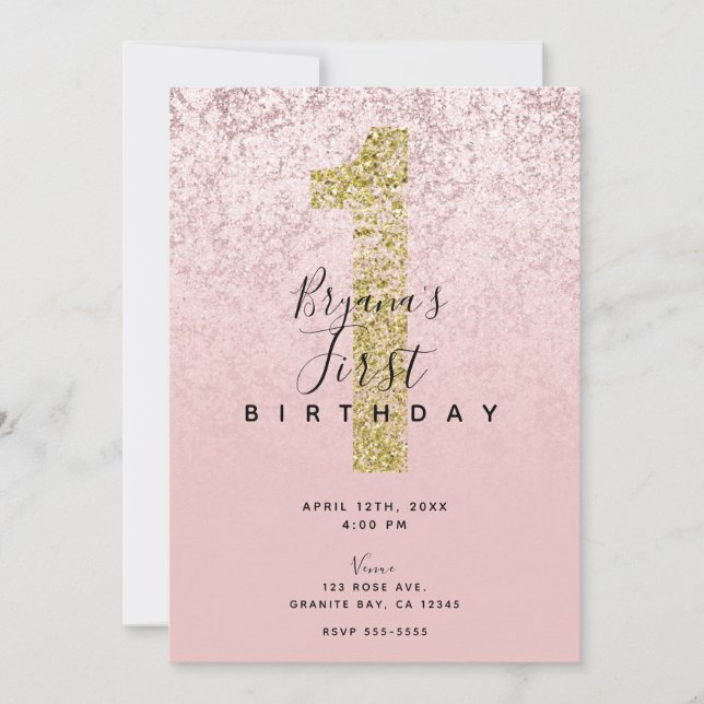 Invitación Rosa rosado de Rubor Gold 1 Purpurina Marble Glam  (Anverso)