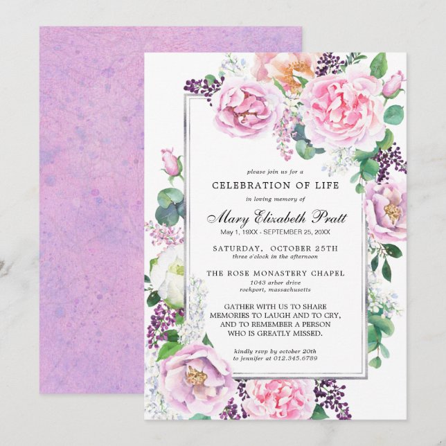 Invitación Rosa rosado morado floral celebración de la vida (Anverso / Reverso)