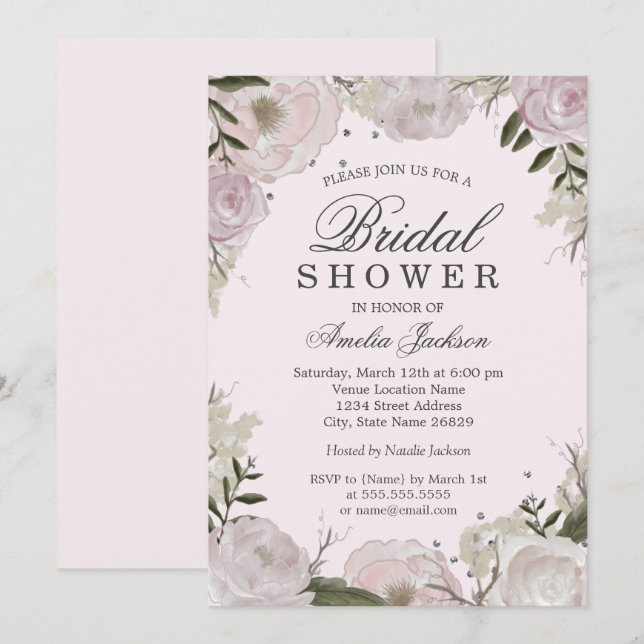 Invitación Rosa rosado plateado Floral Bridal Shower (Anverso / Reverso)