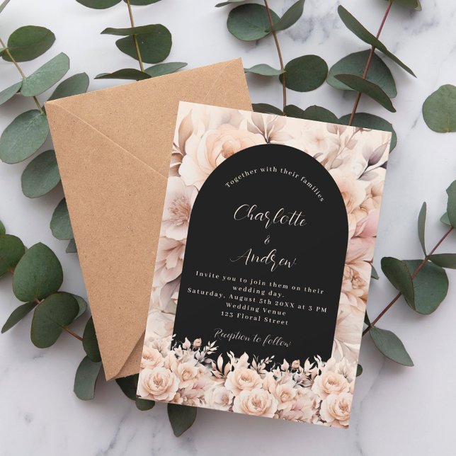 Invitación Rosa rosas negros con arco floral boda elegante (Subido por el creador)