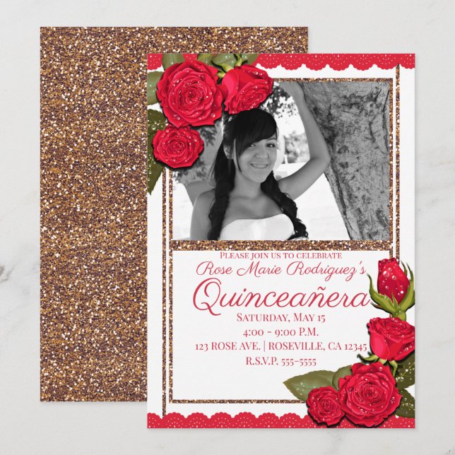 Invitación Rosa Roses Rojos Purpurina de oro Quinceañera Cump (Anverso / Reverso)