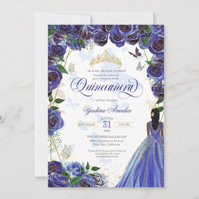Invitación Rosa Royal Blue Gold Elegant Butterfly Quinceanera (Anverso)