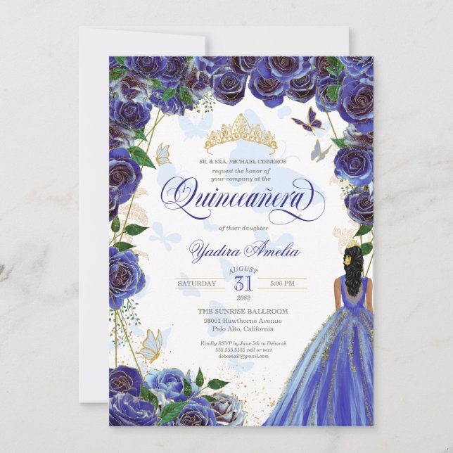 Invitación Rosa Royal Blue Gold Elegant Butterfly Quinceanera (Anverso)