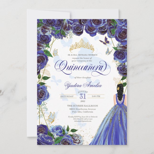 Invitación Rosa Royal Blue Gold Elegant Butterfly Quinceanera (Anverso)