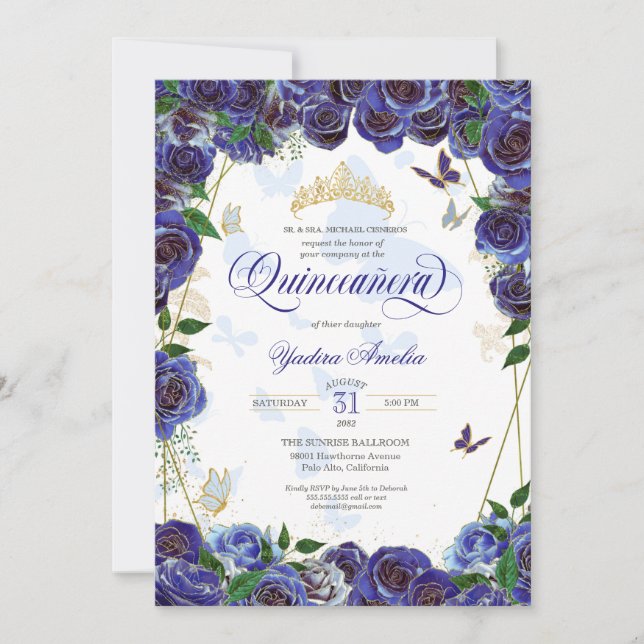 Invitación Rosa Royal Blue Gold Elegant Butterfly Quinceanera (Anverso)