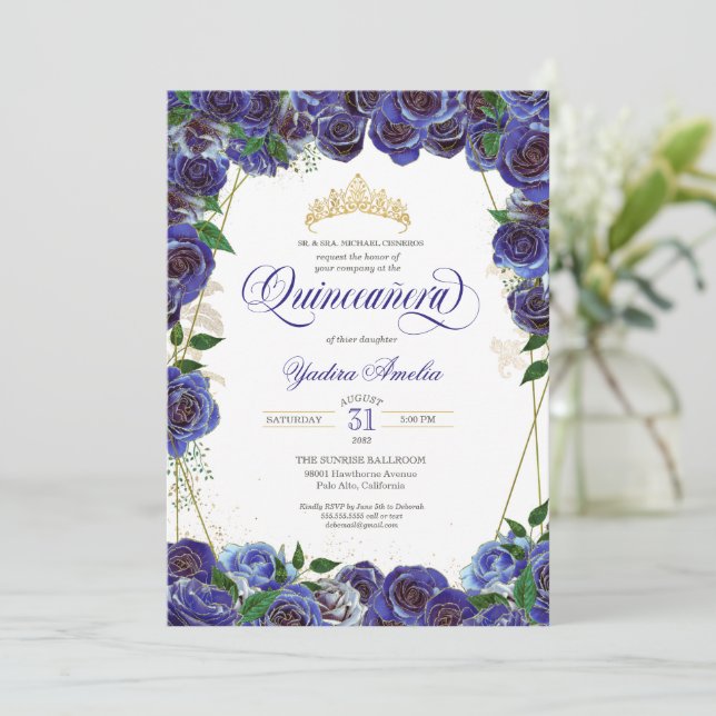 Invitación Rosa Royal Blue Gold Elegant Quinceanera (Anverso de pie)