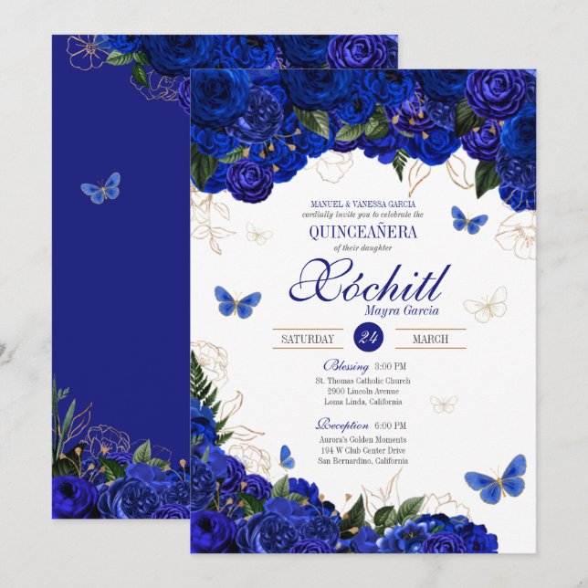 Invitación Rosa Royal Blue Gold Mariposa Elegante Quinceanera (Anverso / Reverso)
