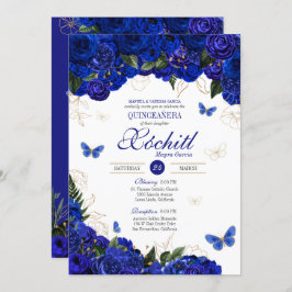 Invitación Rosa Royal Blue Gold Mariposa Elegante Quinceanera