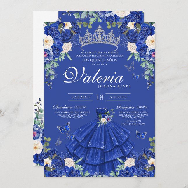 Invitación Rosa Royal Blue Silver Elegante Princesa Quinces (Anverso / Reverso)