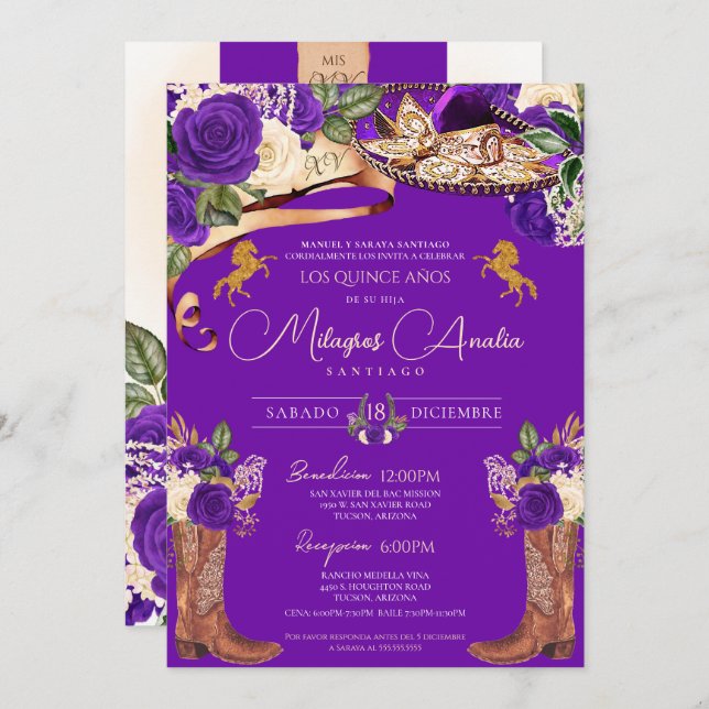 Invitación Rosa Royal Purple Mariachi Fancy Western Charra (Anverso / Reverso)