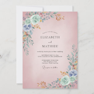 Invitación Rosa Rubor Aqua Ranunculus Eucalipto Boda
