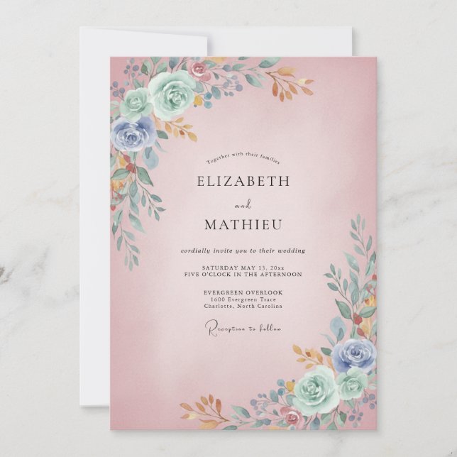 Invitación Rosa Rubor Aqua Ranunculus Eucalipto Boda (Anverso)
