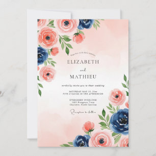 Invitación Rosa Rubor Azul Marino Acuarela Poética Boda