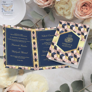 Invitación Rosa Rubor Azul Marino Geométrico Boda Musulmana