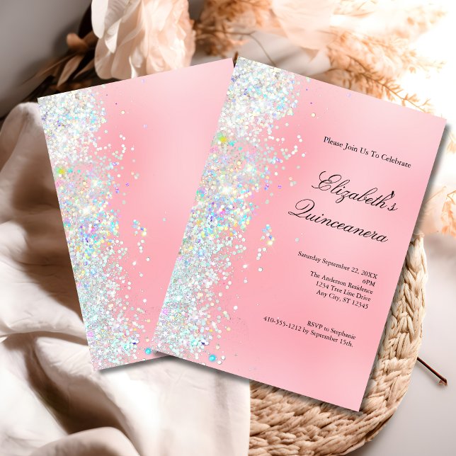 Invitación Rosa Rubor Blanco Brillo Glam Bling Quinceañera (Blush pink white glitter Glam Bling Modern Trendy Quinceanera 15th birthday invitation)