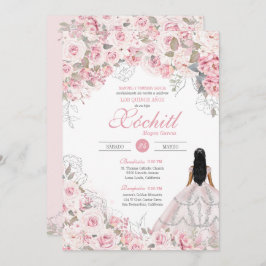 Invitación Rosa Rubor con Rosa de flores plateadas Quinceaner