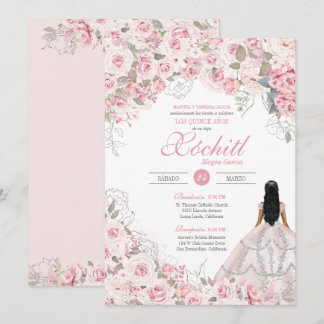 Invitación Rosa Rubor con Rosa de flores plateadas Quinceaner