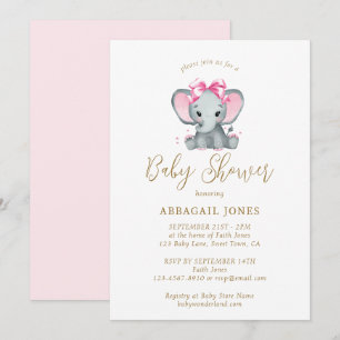 Invitación Rosa Rubor Dorado Elefante Lindo Elegante Shower d