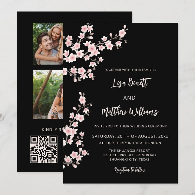 Invitación Rosa rubor Flor de cerezo Negra (Anverso / Reverso)
