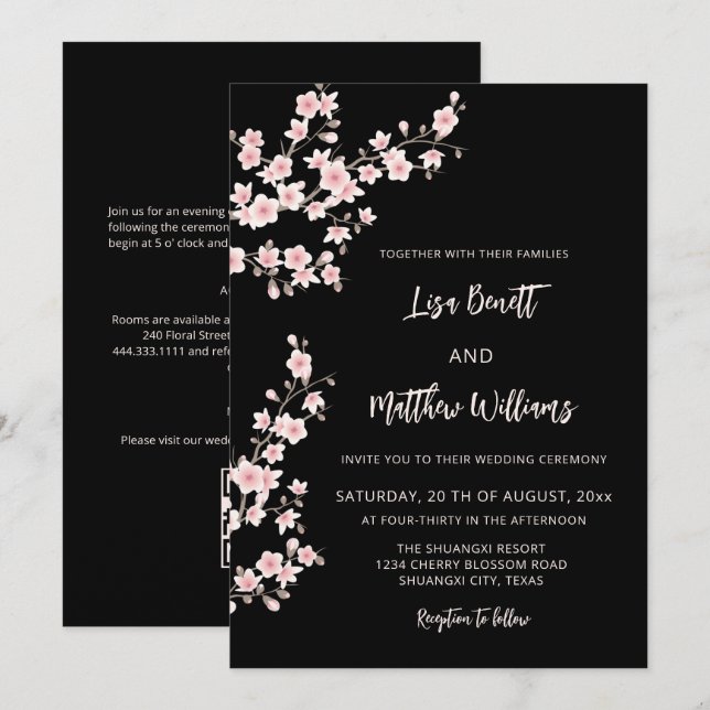 Invitación Rosa Rubor Flor de Cerezo Negra (Anverso / Reverso)