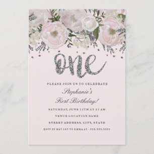 Invitación Rosa Rubor Flor de Plata Floral Primer Cumpleaños
