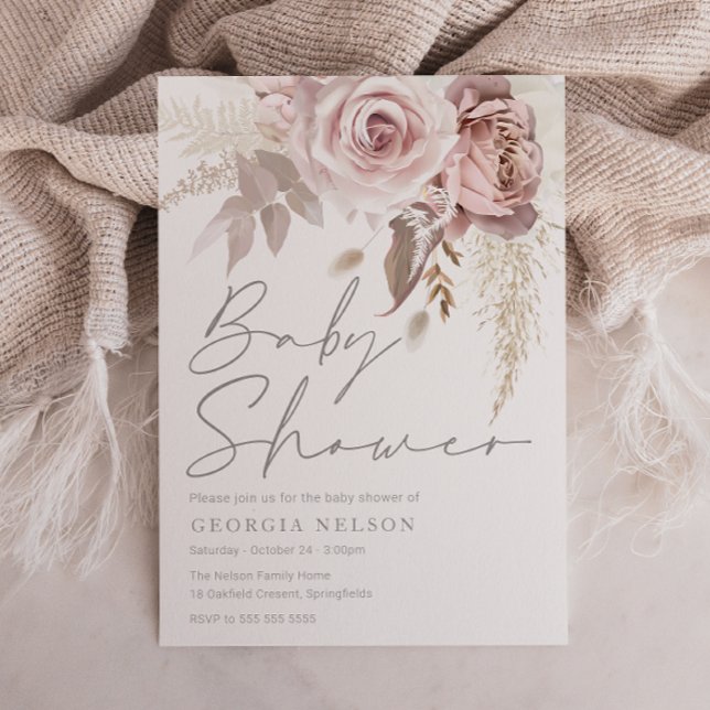 Invitación Rosa Rubor Floral Baby Shower divino y agitado (Subido por el creador)