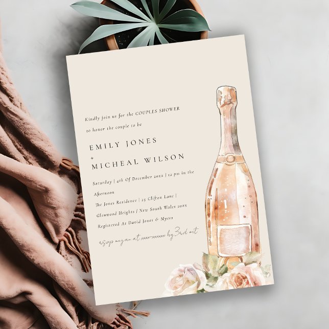 Invitación Rosa Rubor Floral Champagne Wine Couples Ducha (Subido por el creador)