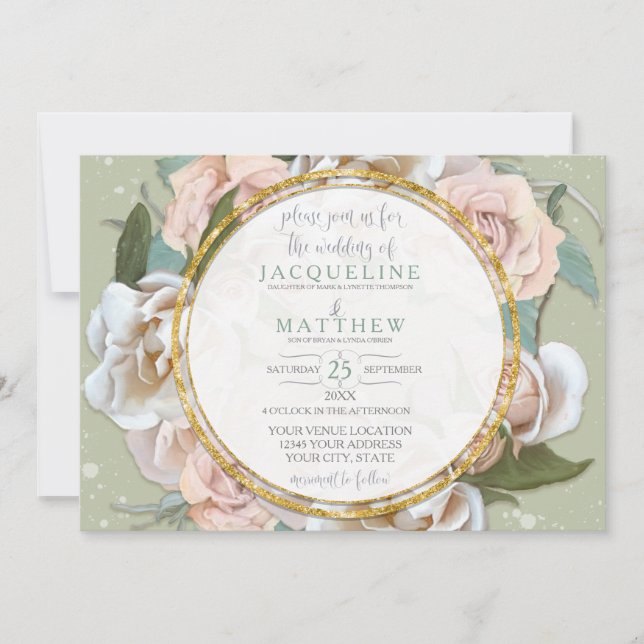 Invitación Rosa Rubor Floral Gold Moderno Leaf Wreath Bonito (Anverso)