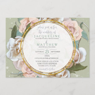 Invitación Rosa Rubor Floral Gold Moderno Leaf Wreath Bonito