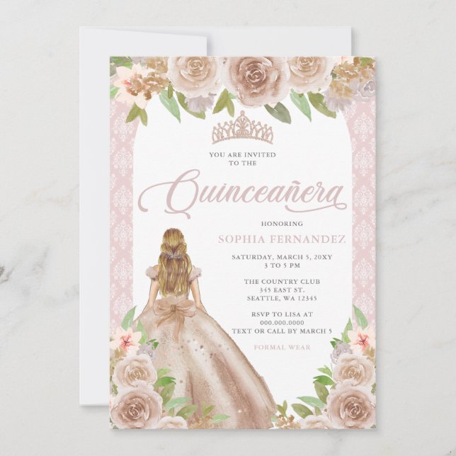 Invitación Rosa Rubor Floral Princesa Tiara Quinceañera (Anverso)