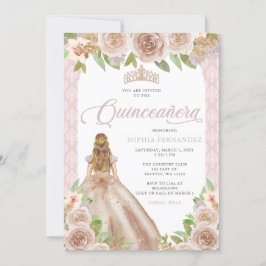 Invitación Rosa Rubor Floral Princesa Tiara Quinceañera