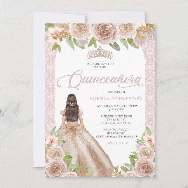 Invitación Rosa Rubor Floral Princesa Tiara Quinceañera (Anverso)