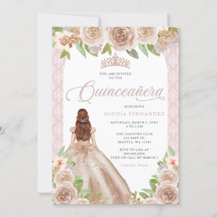 Invitación Rosa Rubor Floral Princesa Tiara Quinceañera