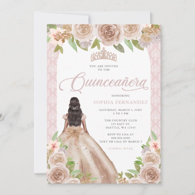 Invitación Rosa Rubor Floral Princesa Tiara Quinceañera (Anverso)