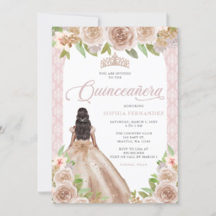 Invitación Rosa Rubor Floral Princesa Tiara Quinceañera
