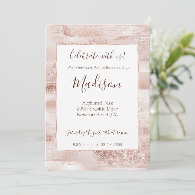 Invitación Rosa Rubor Glitzy Brillo Destello (Anverso de pie)