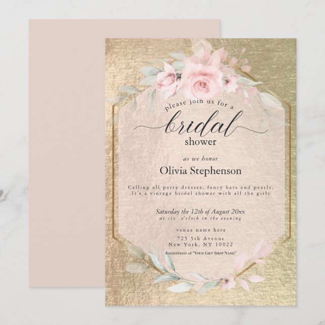Invitación Rosa Rubor Gold Floral Bridal Shower (Anverso / Reverso)