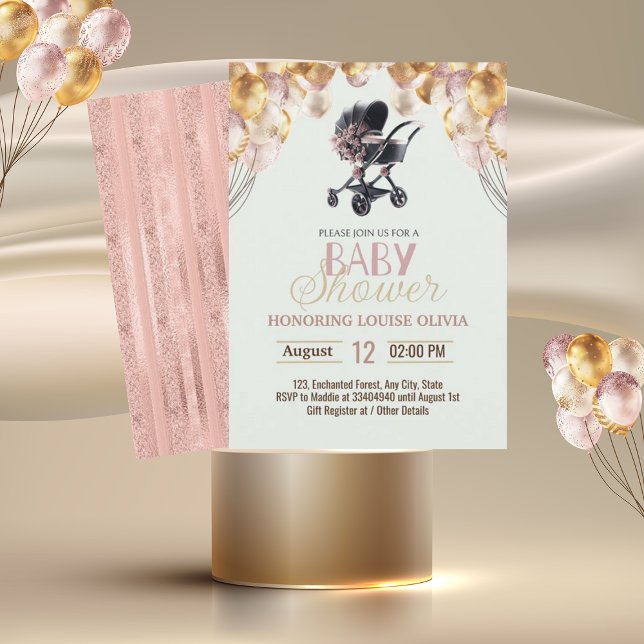 Invitación Rosa Rubor Gold Stroller Purpurina Baby Shower (Subido por el creador)
