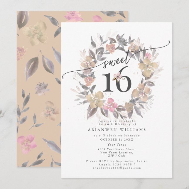Invitación rosa Rubor Golden Bouquet Fall Sweet 16 (Anverso / Reverso)